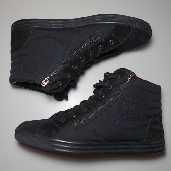 Chanel Toile Suede Calfskin Hi-Top Double Zip Sneakers Made In Italy, Size 11 - Picture 8 of 15